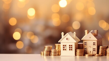 Miniature Houses and Gold coins Bokeh Background. Finance concept. Generated ai.
