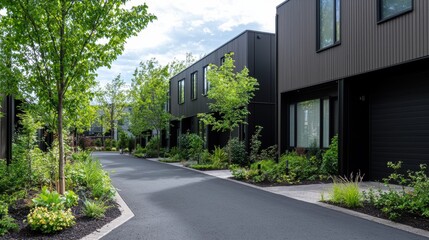 Serene Summer Day on a Wide Road Surrounded by Greenery and Modern Architecture