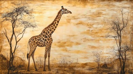 Fototapeta premium Artistic depiction of giraffe in african savannah setting