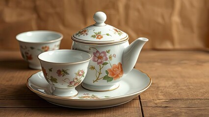 Fototapeta premium Elegant Floral Tea Set Porcelain Teapot Cups Saucer on Wooden Table