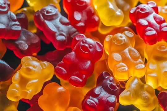 Colorful gummy bears close up, sweet treats background