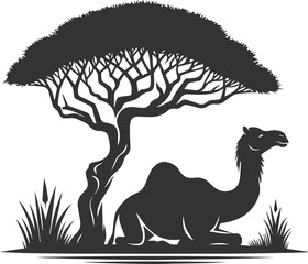 Fototapeta premium Camel sitting in the shade of a tree animal vector silhouette