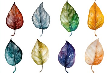 Eight watercolor autumn leaves in various colors.