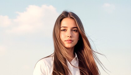 Young woman with long hair and wearing a white shirt standing against a blue sky.
