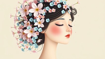 Serene Woman with Floral Crown Beauty Flowers Illustration Portrait Feminine