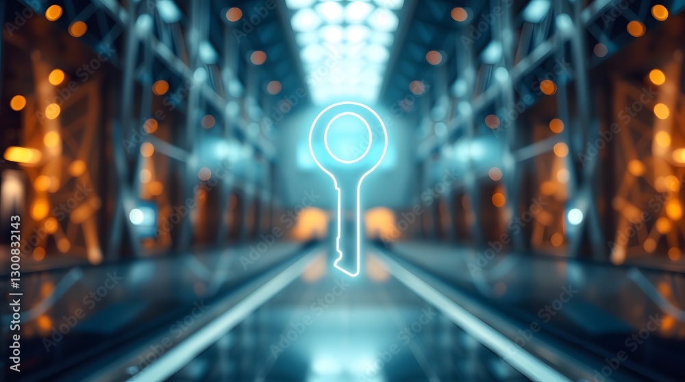 Poster glowing neon key symbol on a futuristic background. the key appears to be floating in a futuristic h