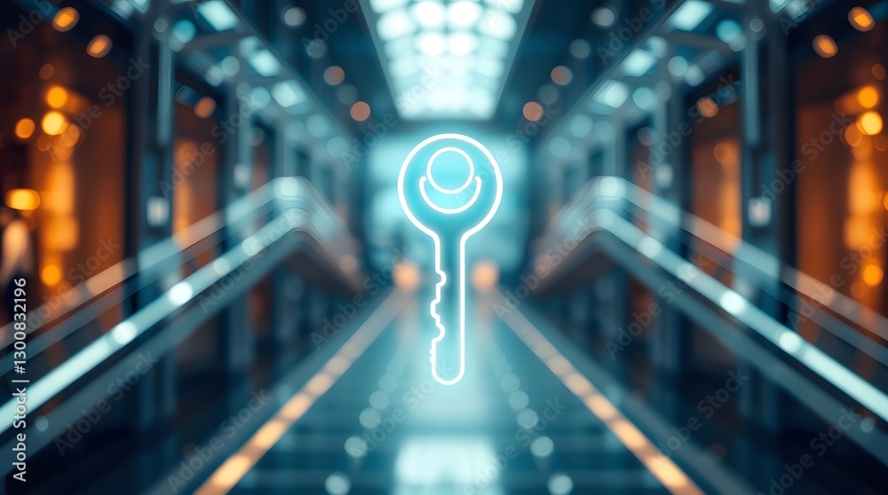 Poster glowing key icon against a futuristic tunnel background, symbolizing access and security
