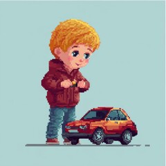 Fototapeta premium Boy with Blonde Hair and Red Toy Car