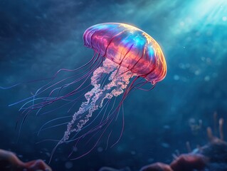 Translucent alien jellyfish glows in vibrant colors as it hovers serenely in the deep blue ocean depths at dusk. Generative AI