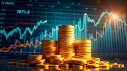 piles of golden coins with the graph of financial market in the background, symbol of wealth and success