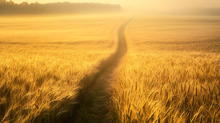 Obraz premium A path cutting through tall golden wheat under a soft morning light.