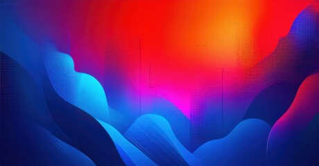 High contrast futuristic abstract gradient background fiery red fading cobalt blue fine grain noise texture bold geometric formations sharp neon accents bright colorfu