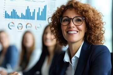 Professional Woman in Business Attire Smiling at Team Meeting With Data Charts