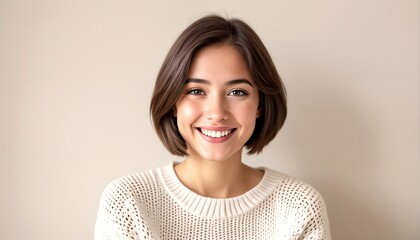 Fototapeta premium Portrait of a young woman with short hair smiling at the camera.