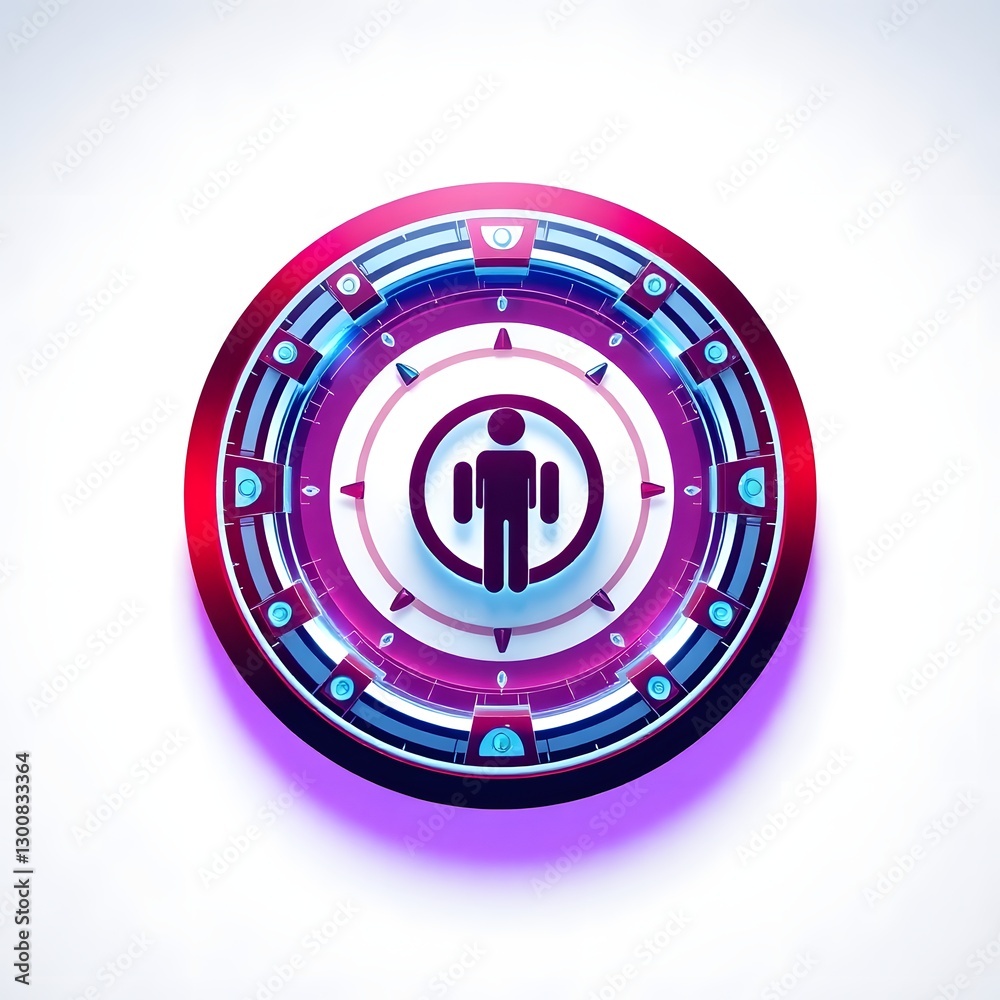 Poster an abstract illustration of a futuristic human symbol in the center of a technological circular inte