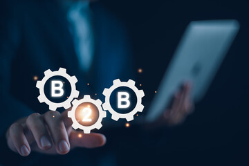 B2B Market concept, Businessman show Business to business ecommerce, digital marketing, online shopping, development supply chain, company commerce technology
