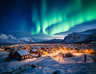 Northern lights over snow covered plain.