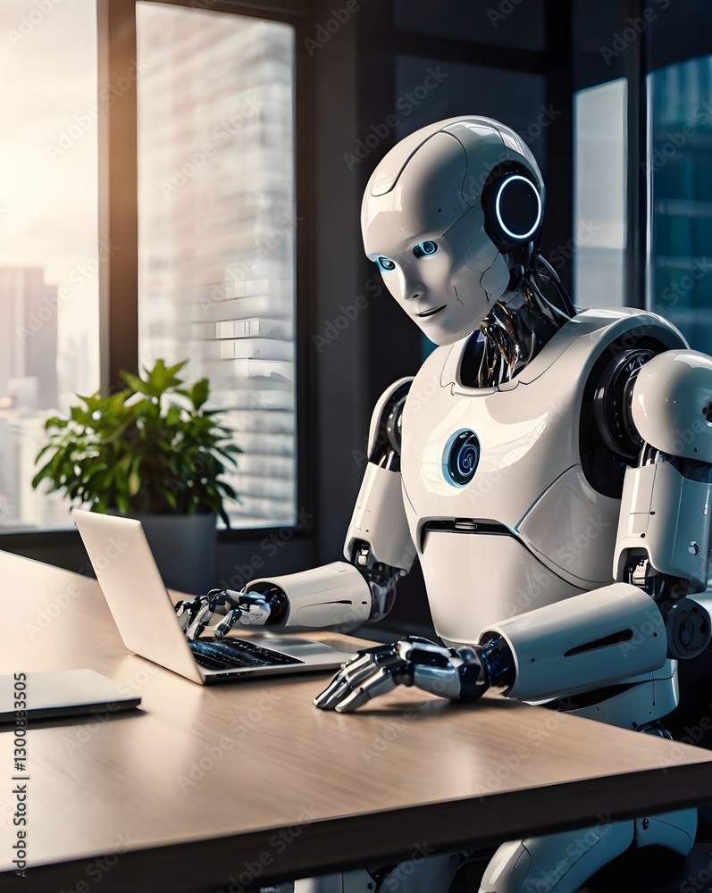 Poster a futuristic robot working at a desk, using a laptop computer near a window