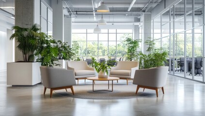 Modern Office Lobby with Lush Greenery and Comfortable Seating