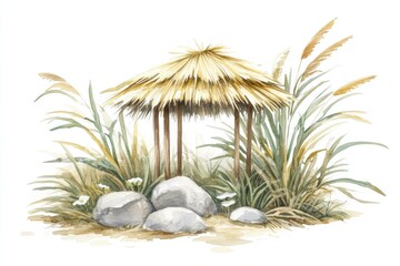 Obraz premium Tranquil bamboo gazebo surrounded by lush greenery and rocks, ideal for relaxation in a serene outdoor setting