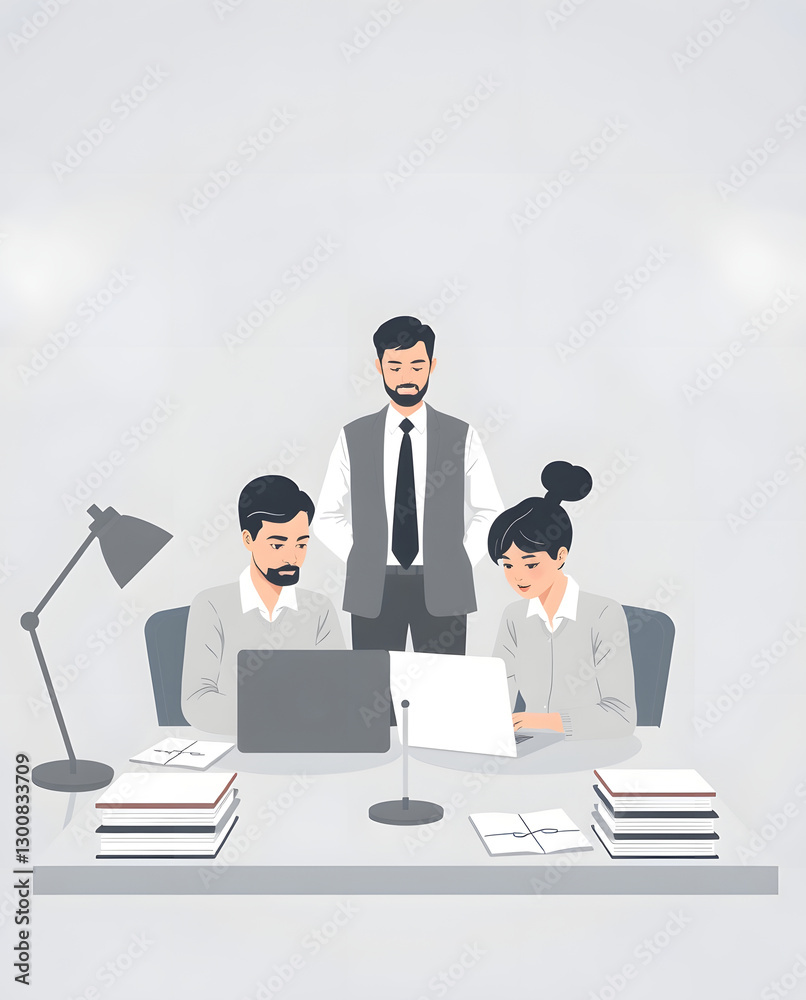 Poster A team of three working together at a desk with computers and documents 