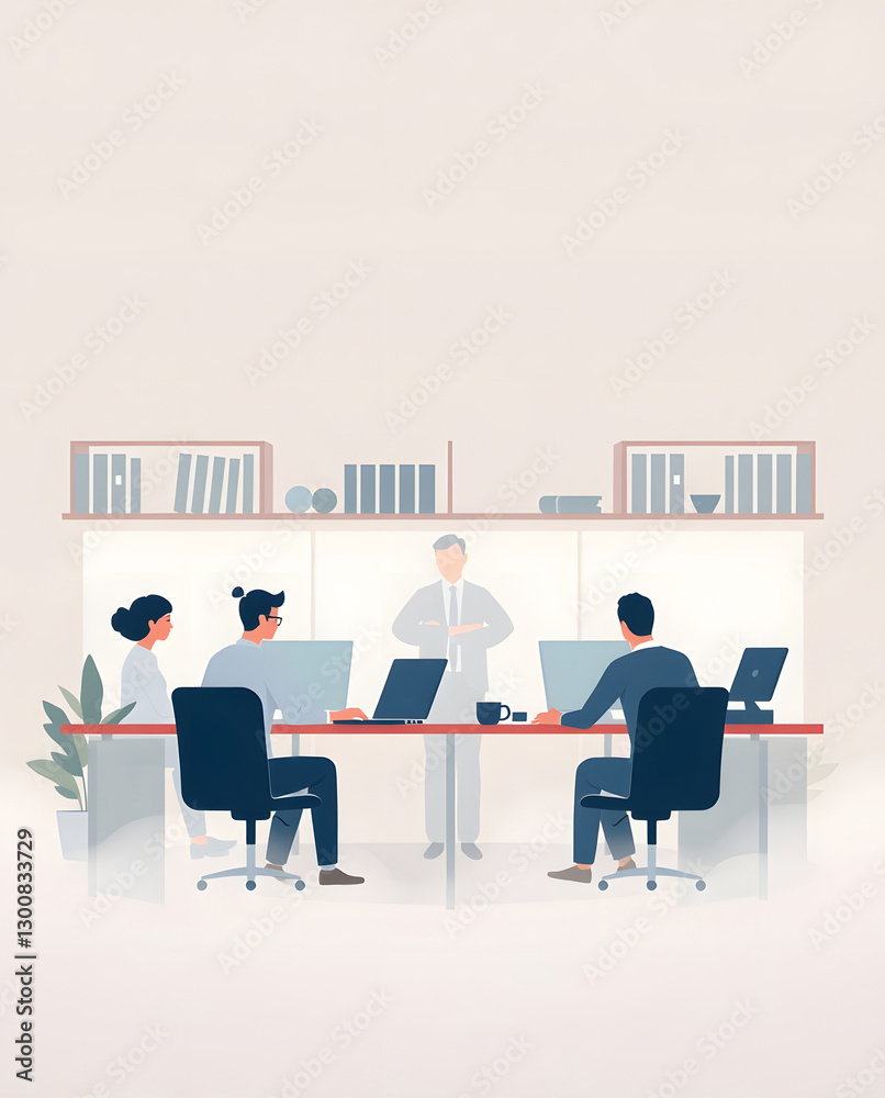 Poster an office meeting with a group of people gathered around a table, working together. People are sitting at computers while another person is standing to give a presentation or to lead a discussion.