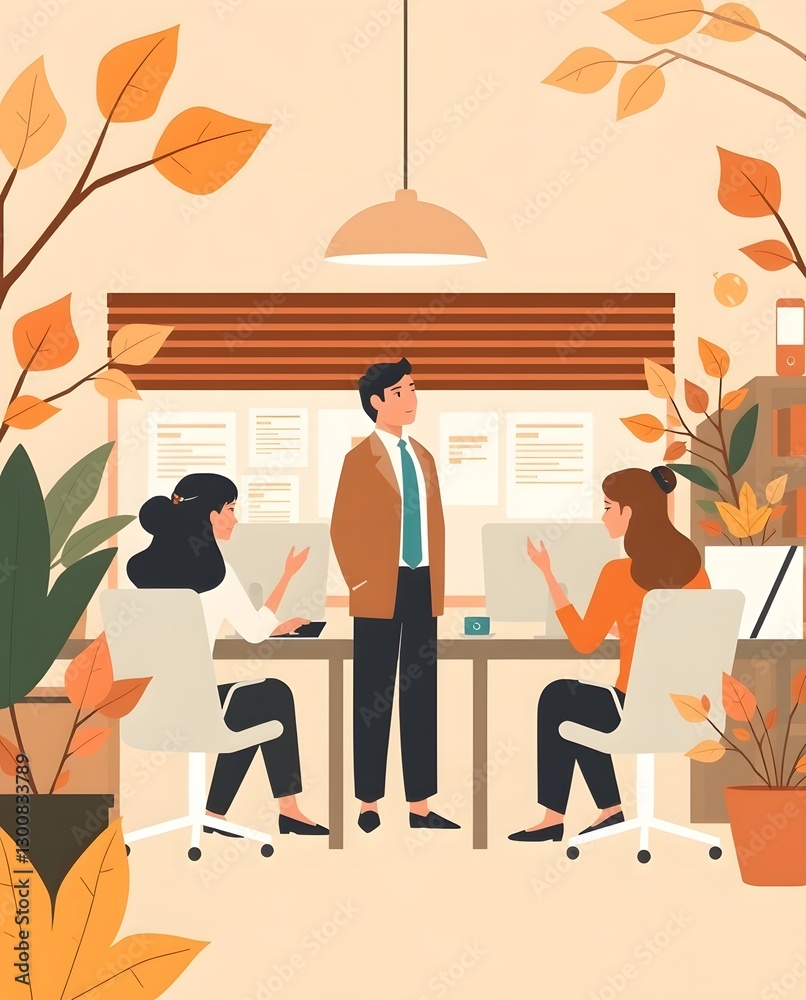Poster three colleagues engaging in discussion in a cozy office surrounded by plants and autumn-themed deco