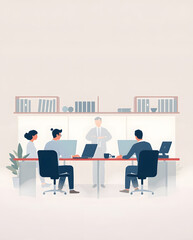 an office meeting with a group of people gathered around a table, working together. People are sitting at computers while another person is standing to give a presentation or to lead a discussion.