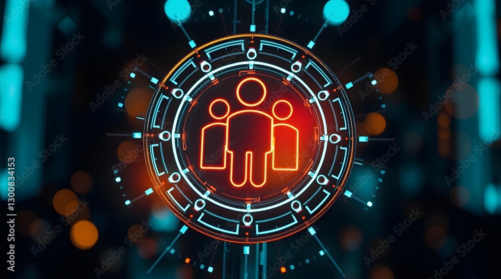 Poster digital human resources icon concept. The image features a graphic of a group of people within a circular frame, representing human resources and technology integration.