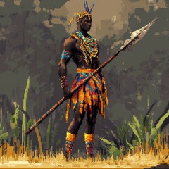 Fototapeta premium African Warrior Holding a Spear in Jungle Setting