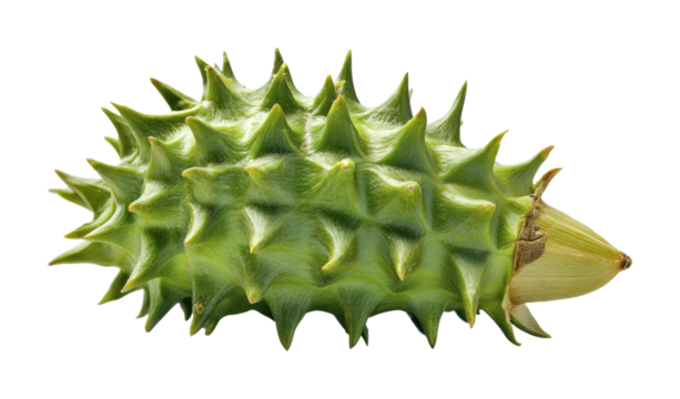 Unique green fruit with spikes and a pointed tip, resembling a hedgehog, found in tropical regions, suitable for culinary exploration and decoration, cut out