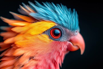 Fototapeta premium Vibrant close up of a colorful exotic bird showing detailed feathers and bright hues of blue, orange, and red against a dark background