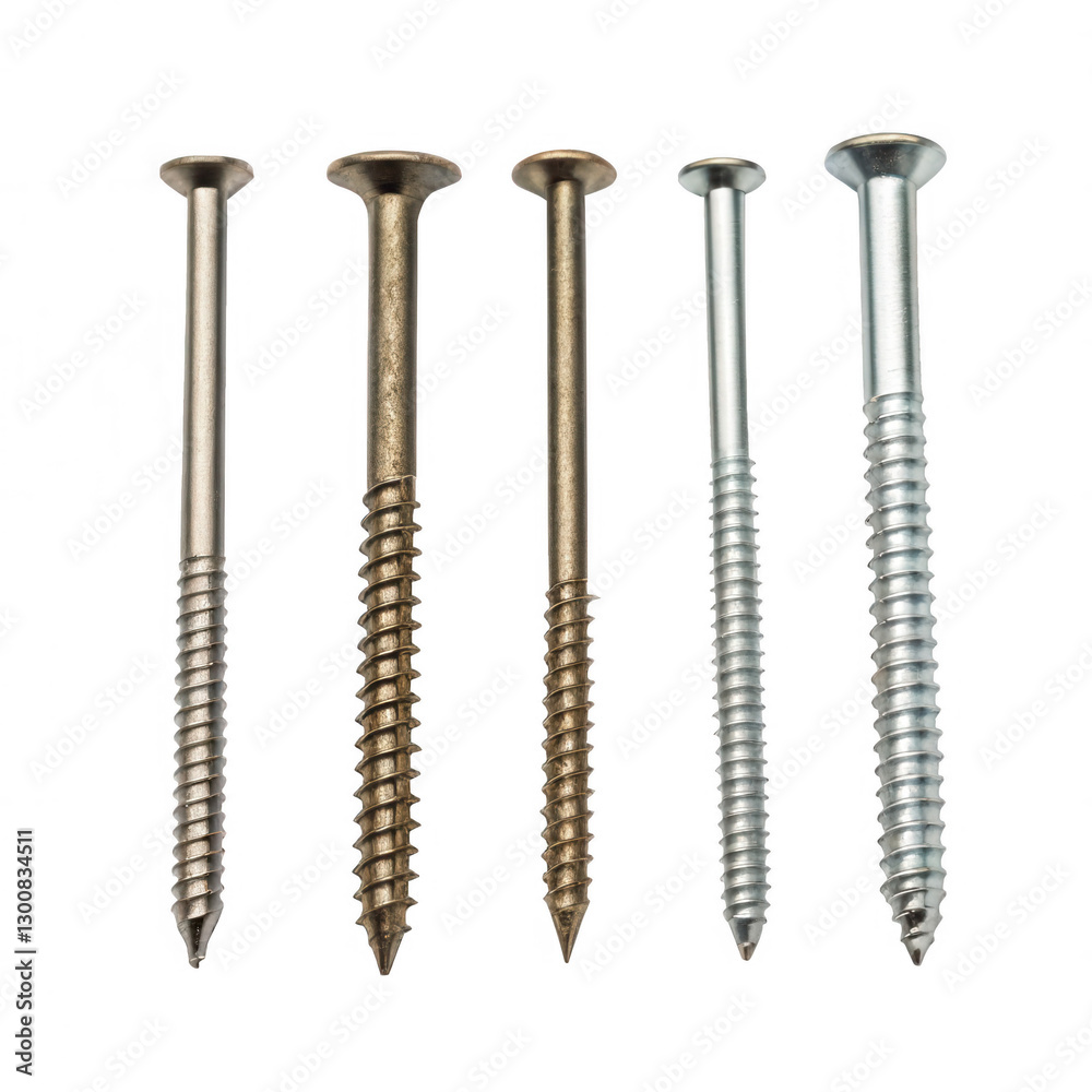 Poster various screws of different lengths and materials lined up, showcasing their distinct shapes and tex