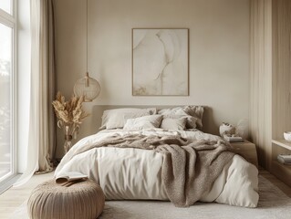 A minimal modern bedroom with a neutral color scheme