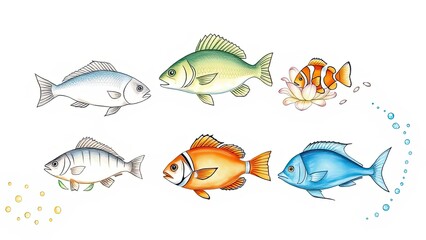 Fototapeta premium Colorful Fish Illustration Aquatic Life Marine Animals Ocean Underwater World