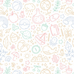 Hand drawn vector seamless pattern of summer and holiday doodle elements. Beach and warm weather related sketch objects