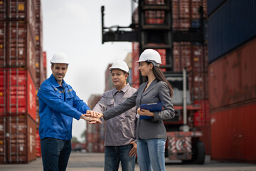 Container inspector team hand touching with talking at container site