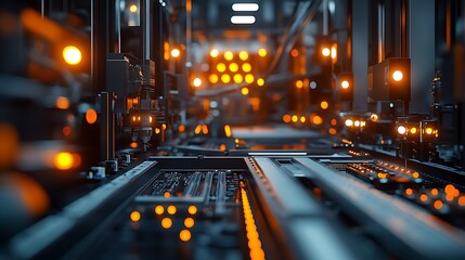 A sleek industrial setting where motherboards are being tested under advanced machinery, glowing indicator lights signaling each stage of the process