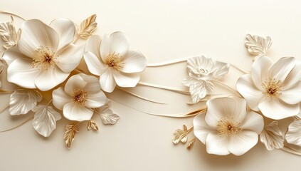 Elegant 3D embossed floral design with creamy white flowers and gold leaves on a beige background.