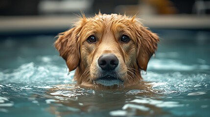 Brown Dog Swimming in Pool with Joyful Expression and Wet Fur
