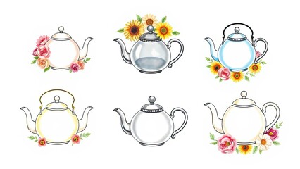 Six Watercolor Teapots with Flowers Tea Party Tea Kettle Floral Design Kitchen Decor