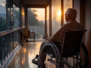 Contemplation at twilight as an elderly man enjoys the serenity of the corridor bathed in soft evening light. Generative AI