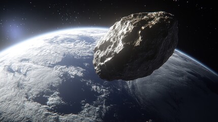 Asteroid approaching Earth; space background; cosmic threat; science fiction