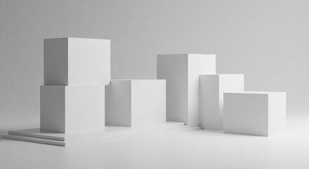 Obraz premium A clean, modern image showcasing a series of stacked white geometric cubes against a plain, light gray background