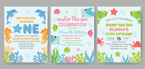 Naklejka premium Birthday invitation card vector template. Sea birthday Party theme with fishes, crab, shell and other elements.