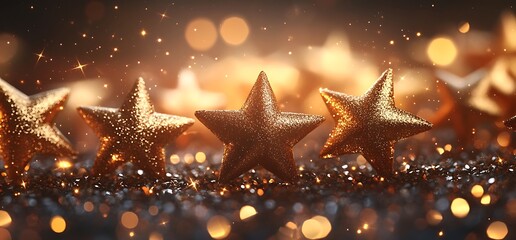 Golden Stars with Bokeh Lights on a Glittering Background
