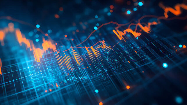 Dynamic financial chart with fluctuating graphs and glowing elements on a blue background. Growth - Flower. Illustration