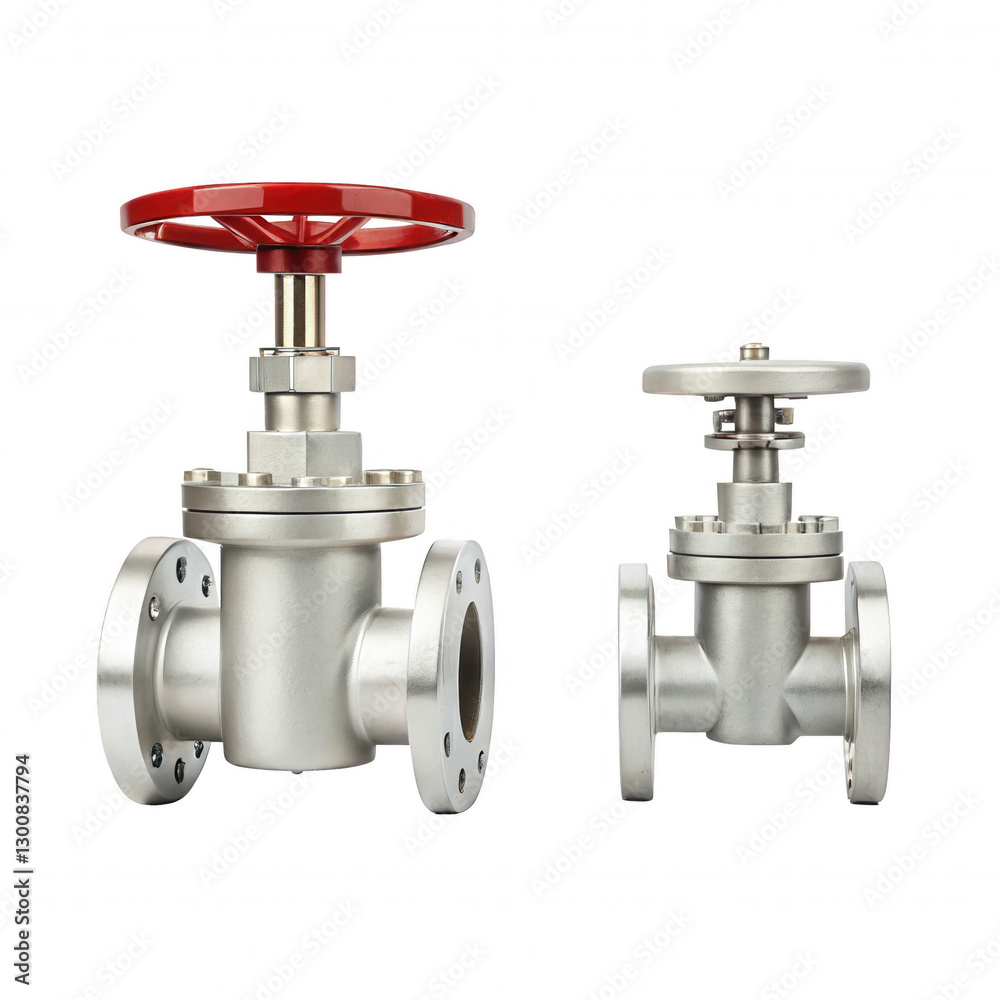 Poster two metal valves with red handles, designed for controlling fluid flow in pipes, showcasing differen