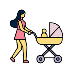 woman pushing stroller with baby inside, enjoying stroll