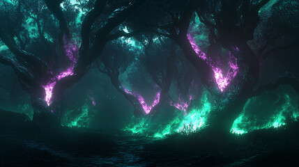 Mystical Fire Trees Radiating Purple and Green Flames in the Night
